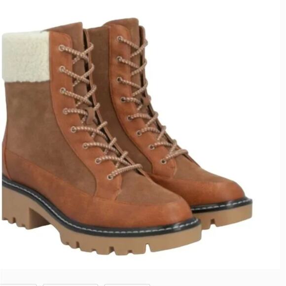 Violet & Red Alexa Lace Up Boots 8.5 Tan Brown NWOT Combat Sherpa Lug Moto - Picture 1 of 7
